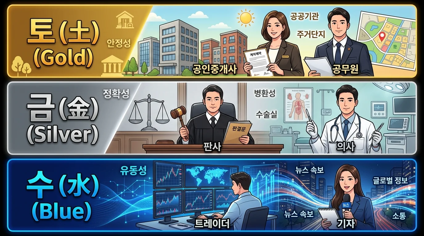 토(土)·금(金)·수(水) 오행 직업 — 관리·판단·소통 분야 적합 직업군