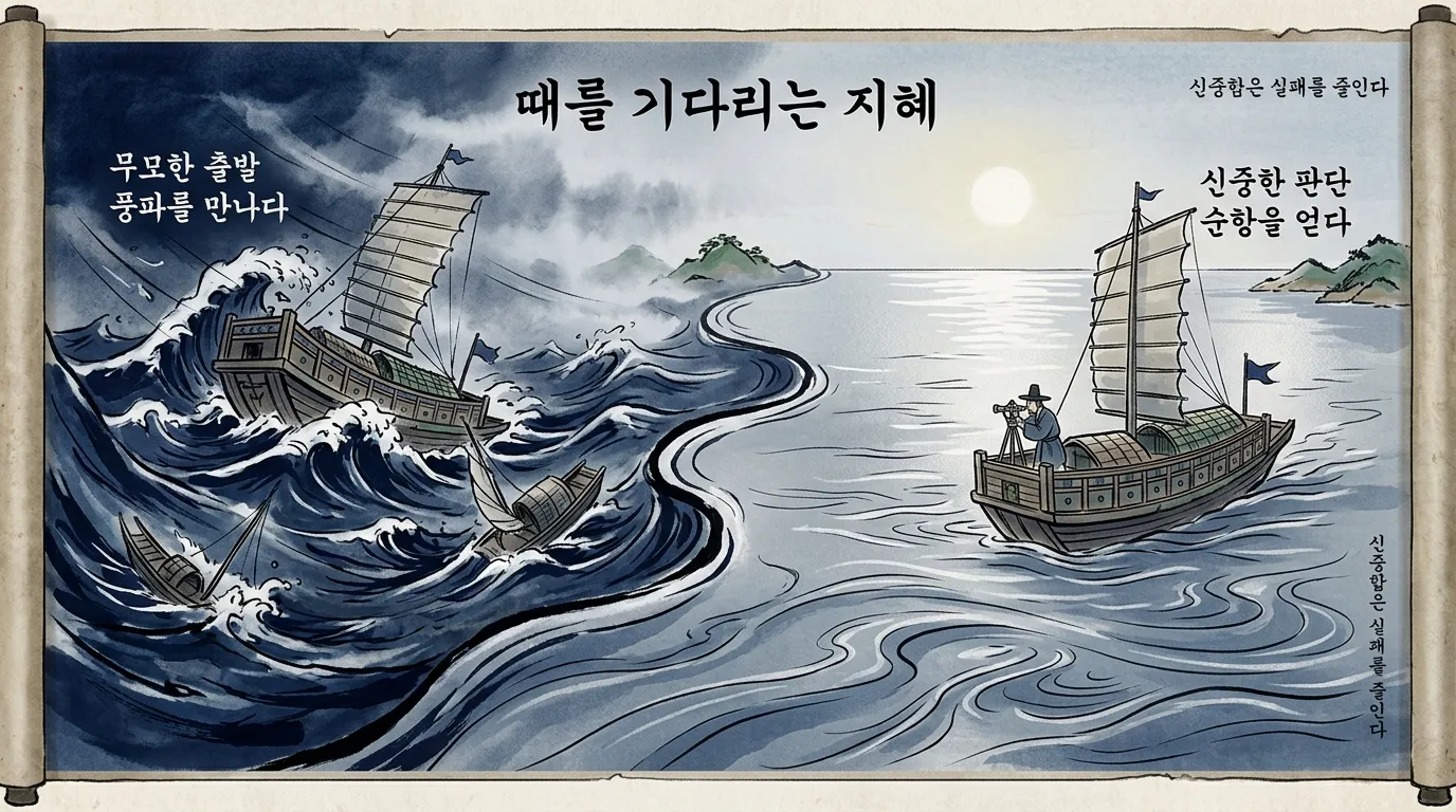 험한 파도를 피해 안전하게 항해하는 신중한 시기 선택