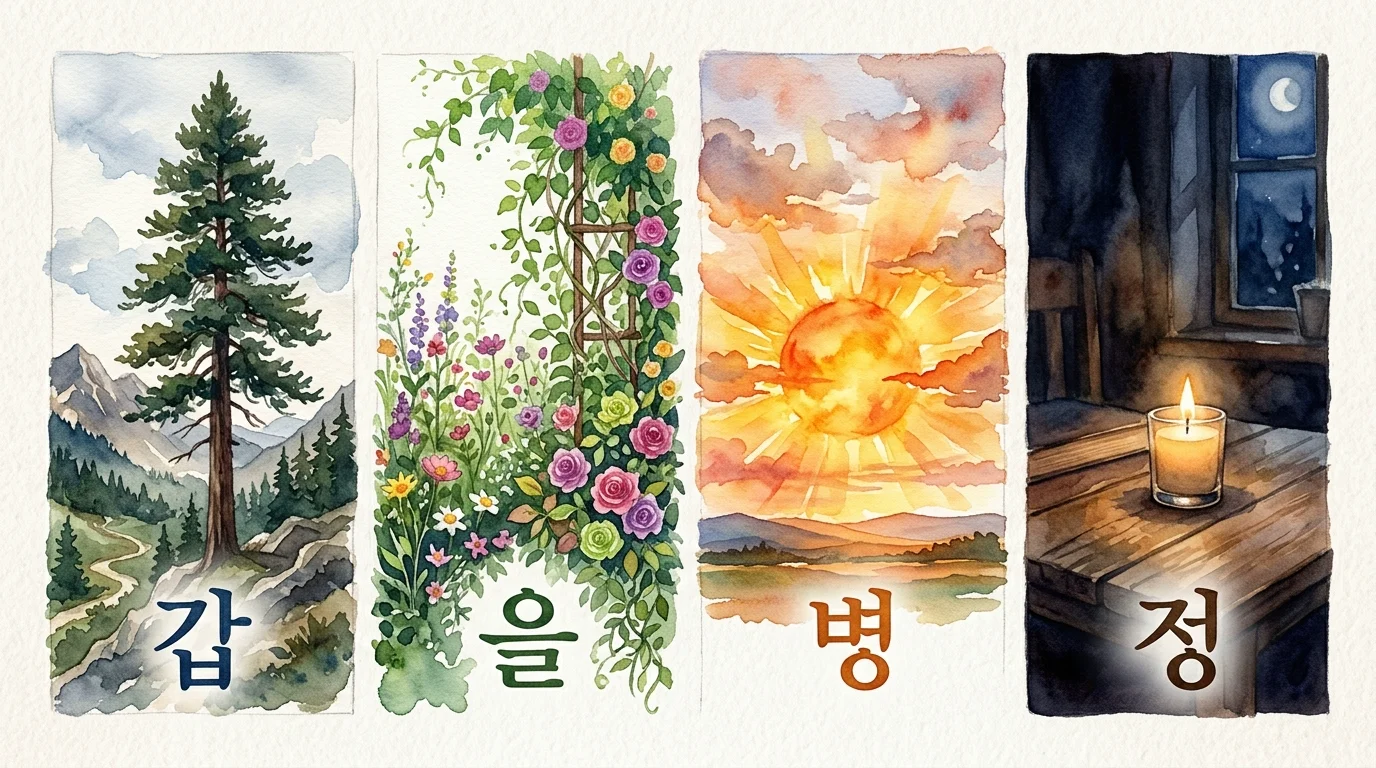 갑목의 소나무, 을목의 꽃, 병화의 태양, 정화의 촛불 — 천간의 자연 이미지