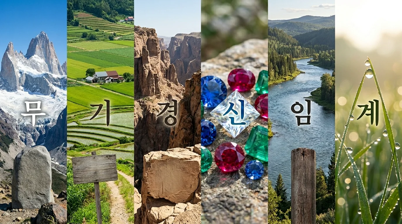무토의 산, 기토의 들판, 경금의 바위, 신금의 보석, 임수의 강, 계수의 이슬 — 후반 6천간