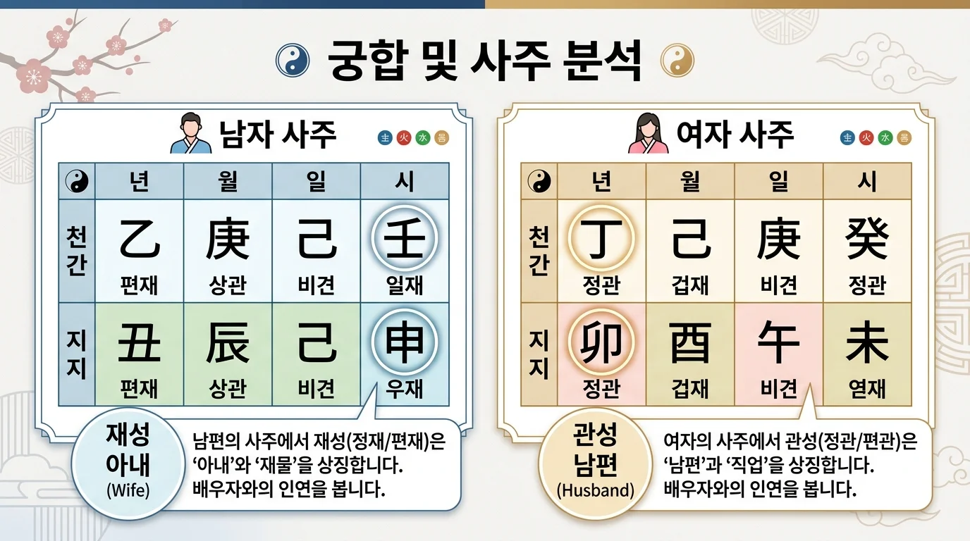 십성 관점 궁합 — 남성의 재성(아내), 여성의 관성(남편)으로 보는 배우자 분석