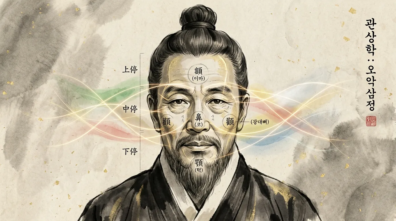 관상학의 삼정·오악이 표시된 전통 수묵 초상화
