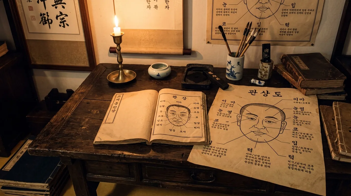 고서 위에 관상학 도해가 펼쳐진 전통 서재