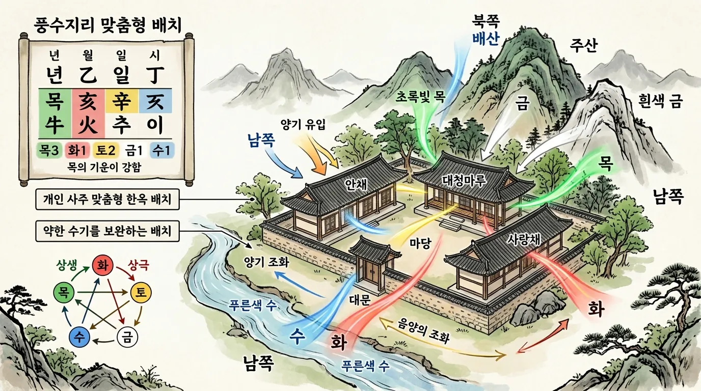 사주의 오행 기운이 전통 한옥에 흐르는 풍수 개념도