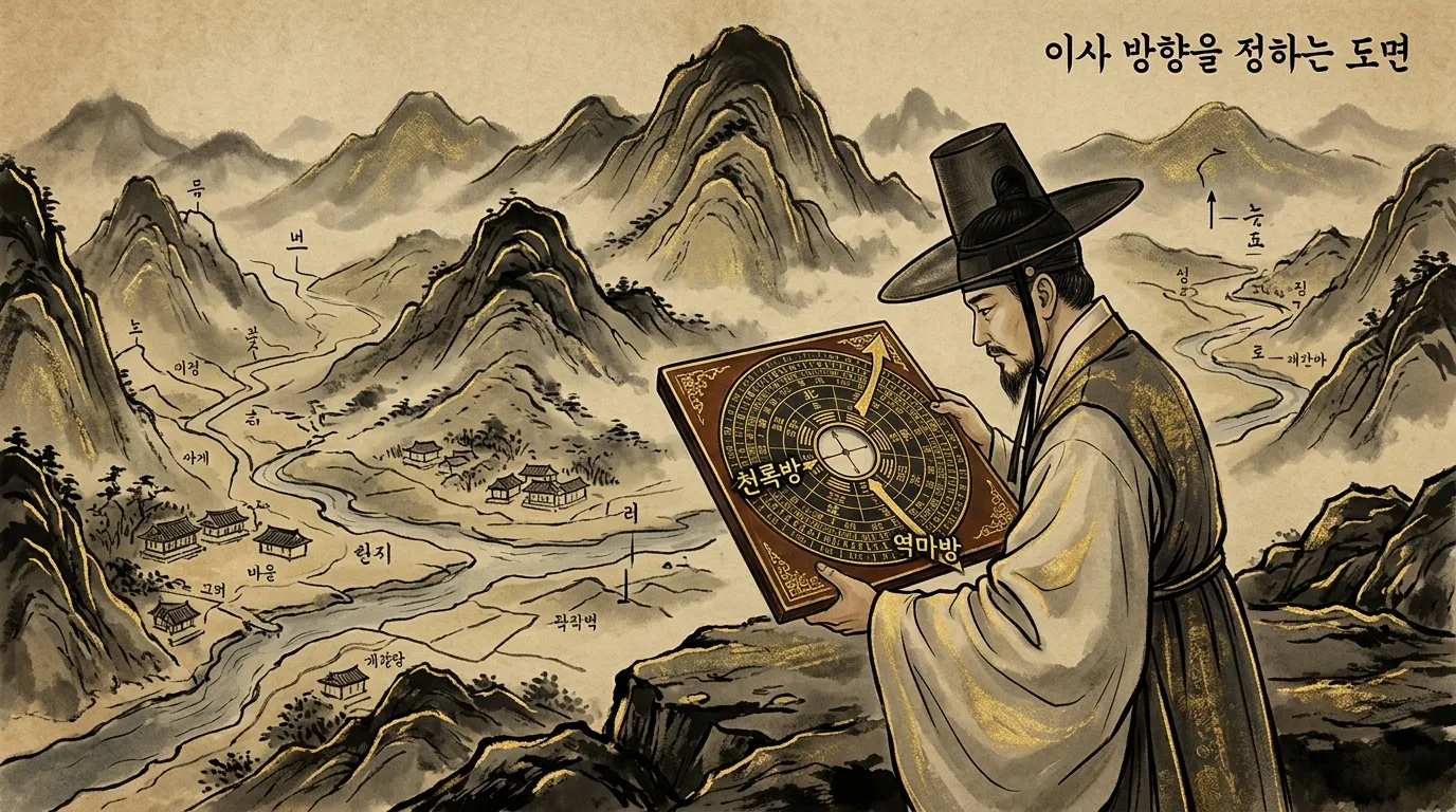 나경(羅經)으로 이사 방위를 살펴보는 전통 장면