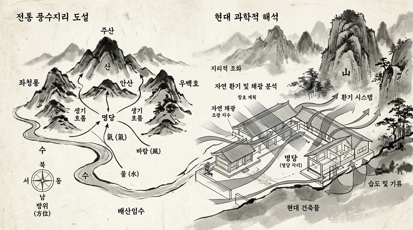 전통 풍수도와 현대 건축 도면이 나란히 놓인 비교 장면