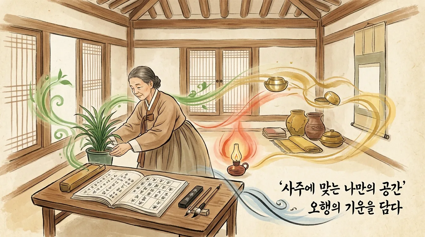 사주에 맞는 소품을 배치하며 공간을 꾸미는 장면