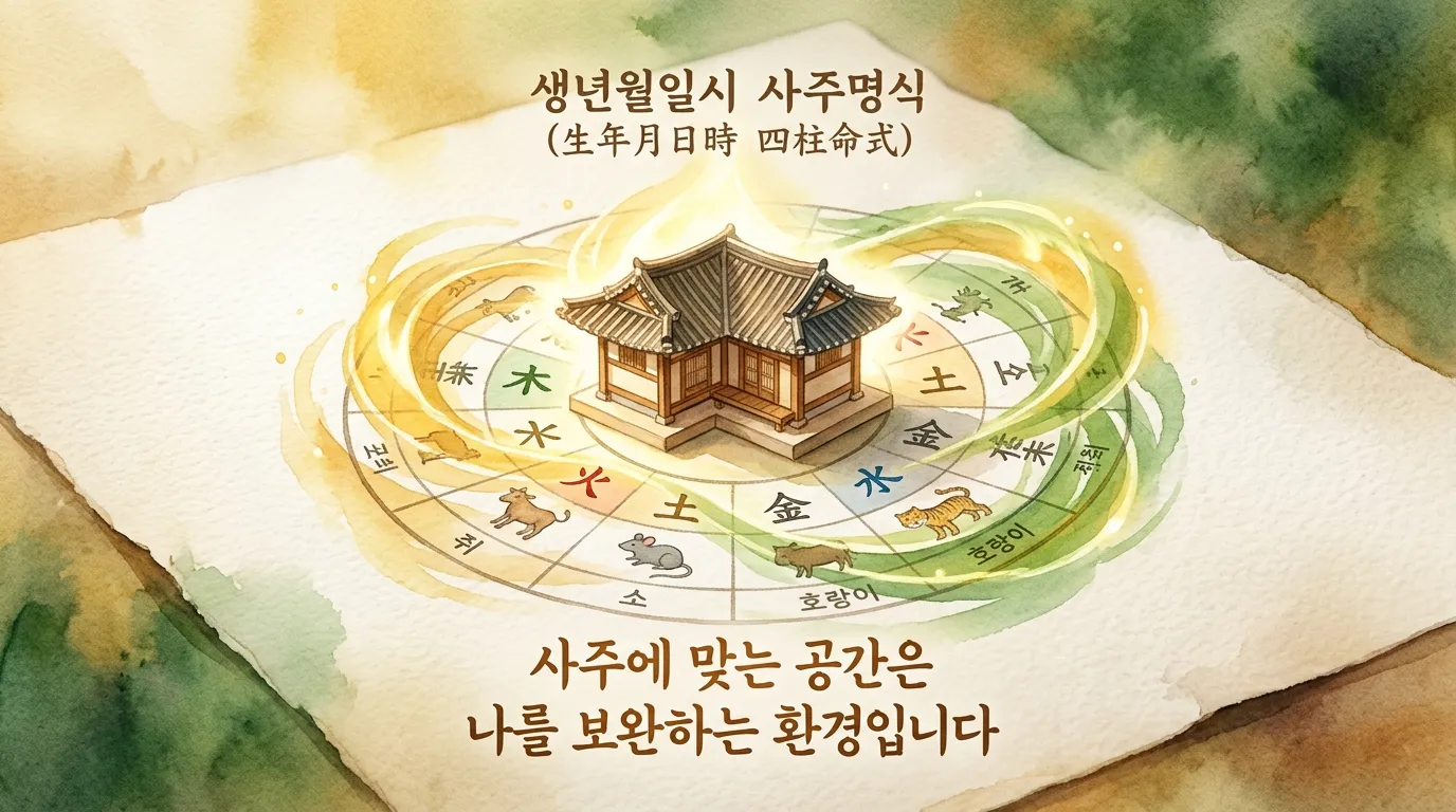 사주 명반 위에 작은 집이 놓이고 오행의 빛이 감싸는 마무리