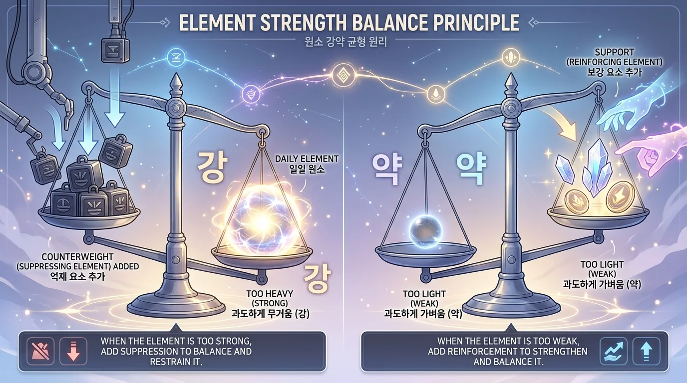 억부용신 — 강하면 억제하고 약하면 보강하는 용신 찾기 원리