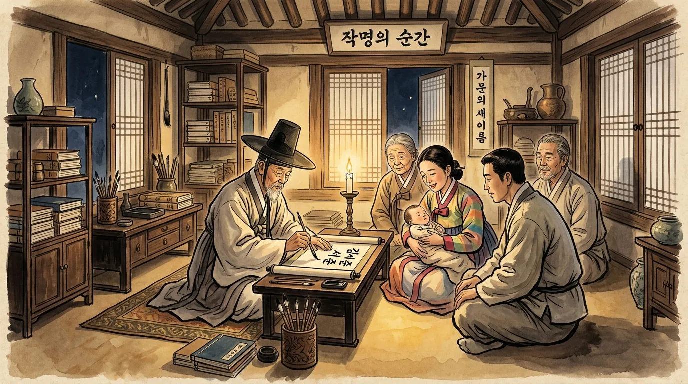전통 작명 — 선비가 아이의 이름을 정성껏 짓는 장면