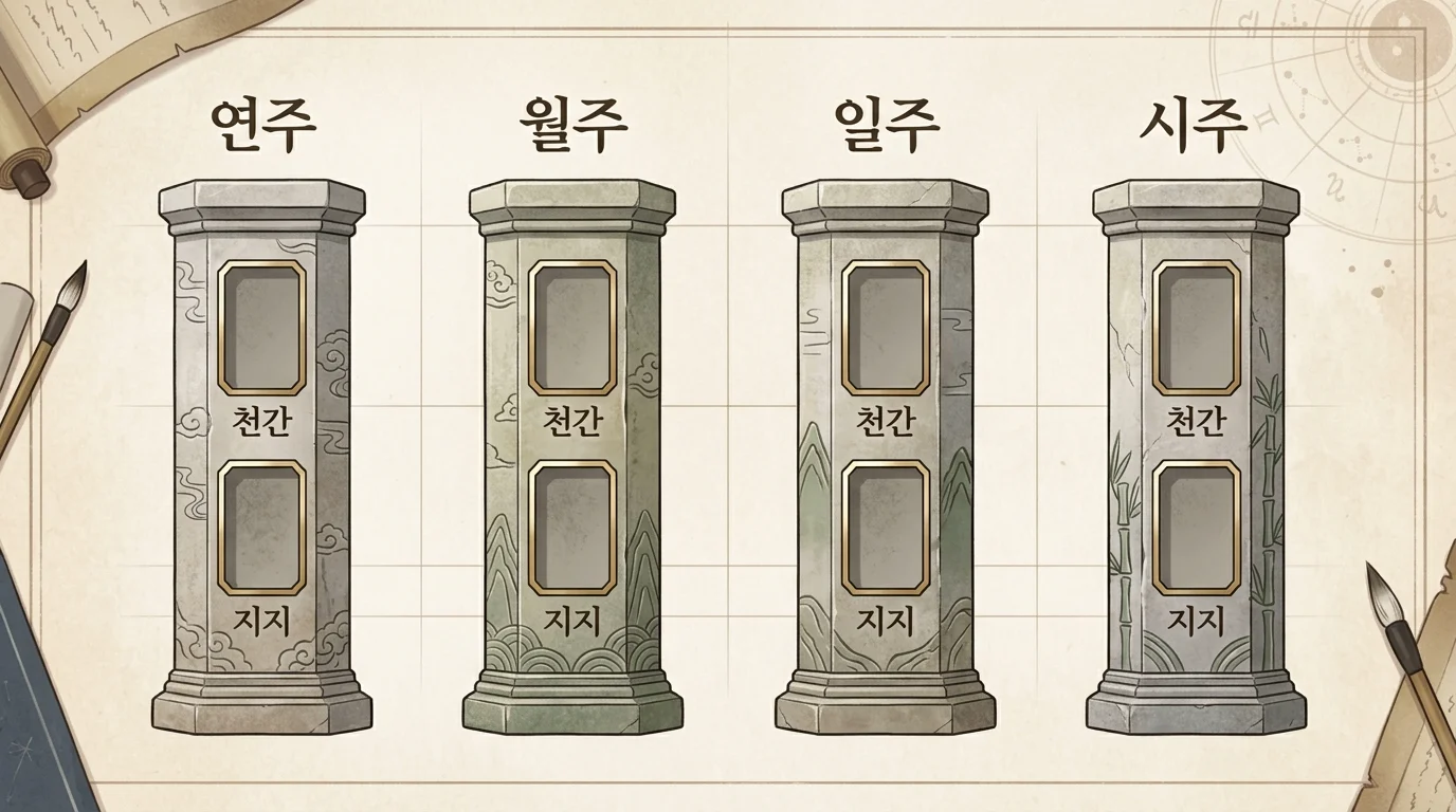 사주팔자의 네 기둥 구조 — 연·월·일·시와 천간·지지 도표
