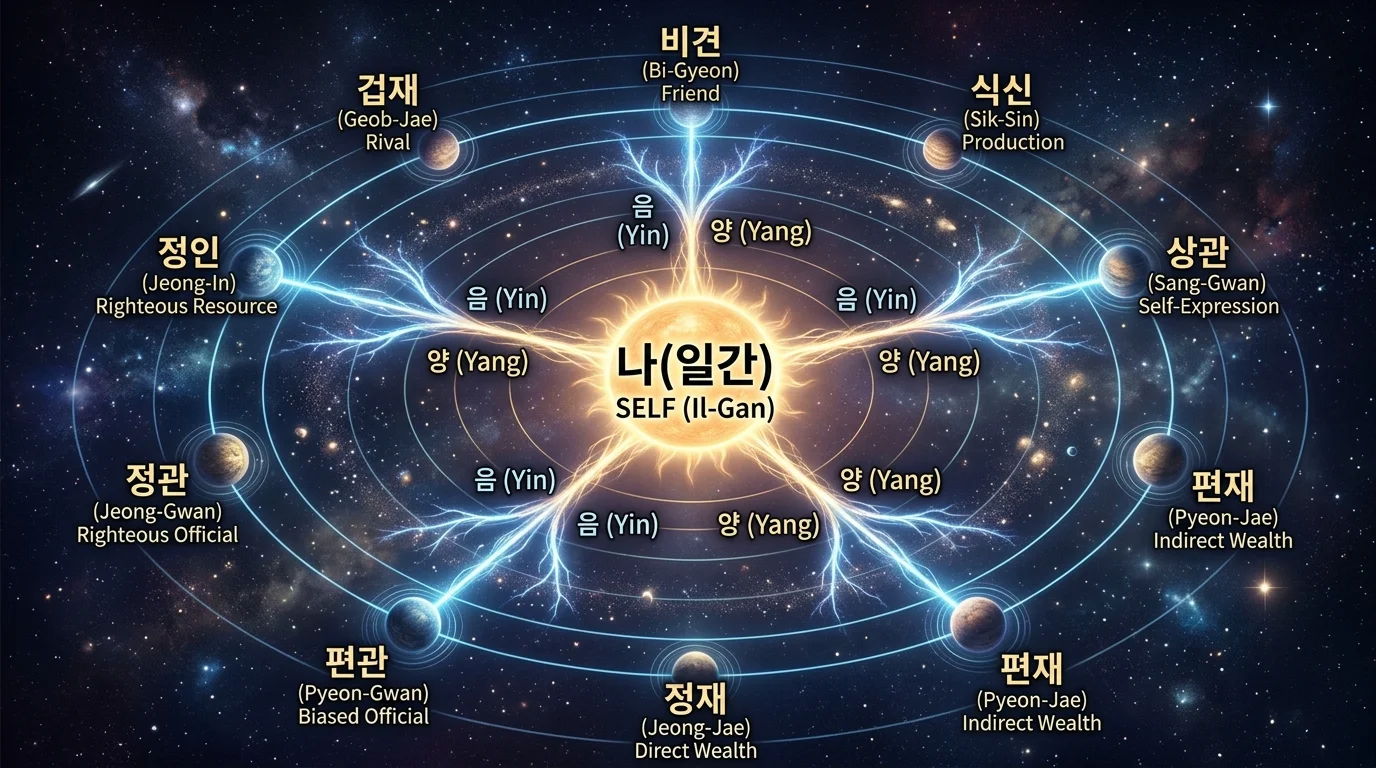 일간 기준 5가지 관계 × 음양 = 십성 10가지 도출 원리