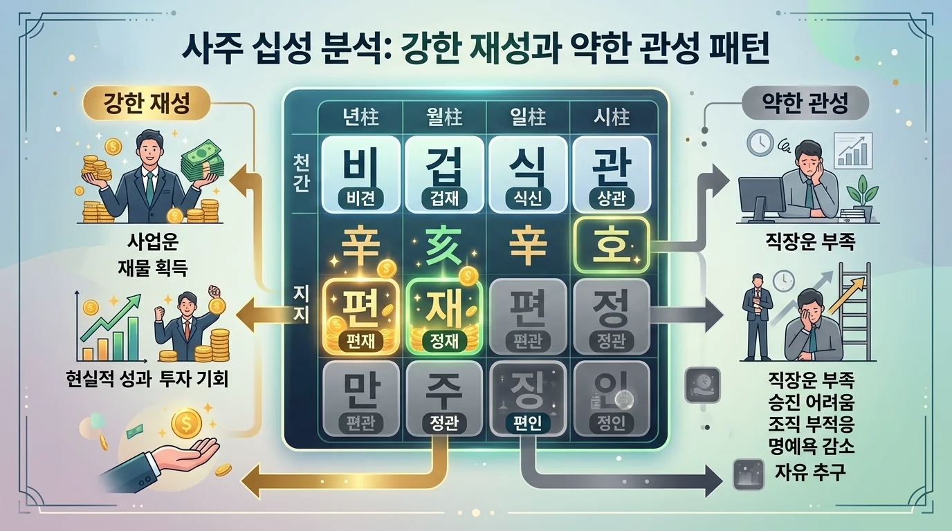 실생활 해석 예시 — 재성 강하고 관성 약한 사주의 특징