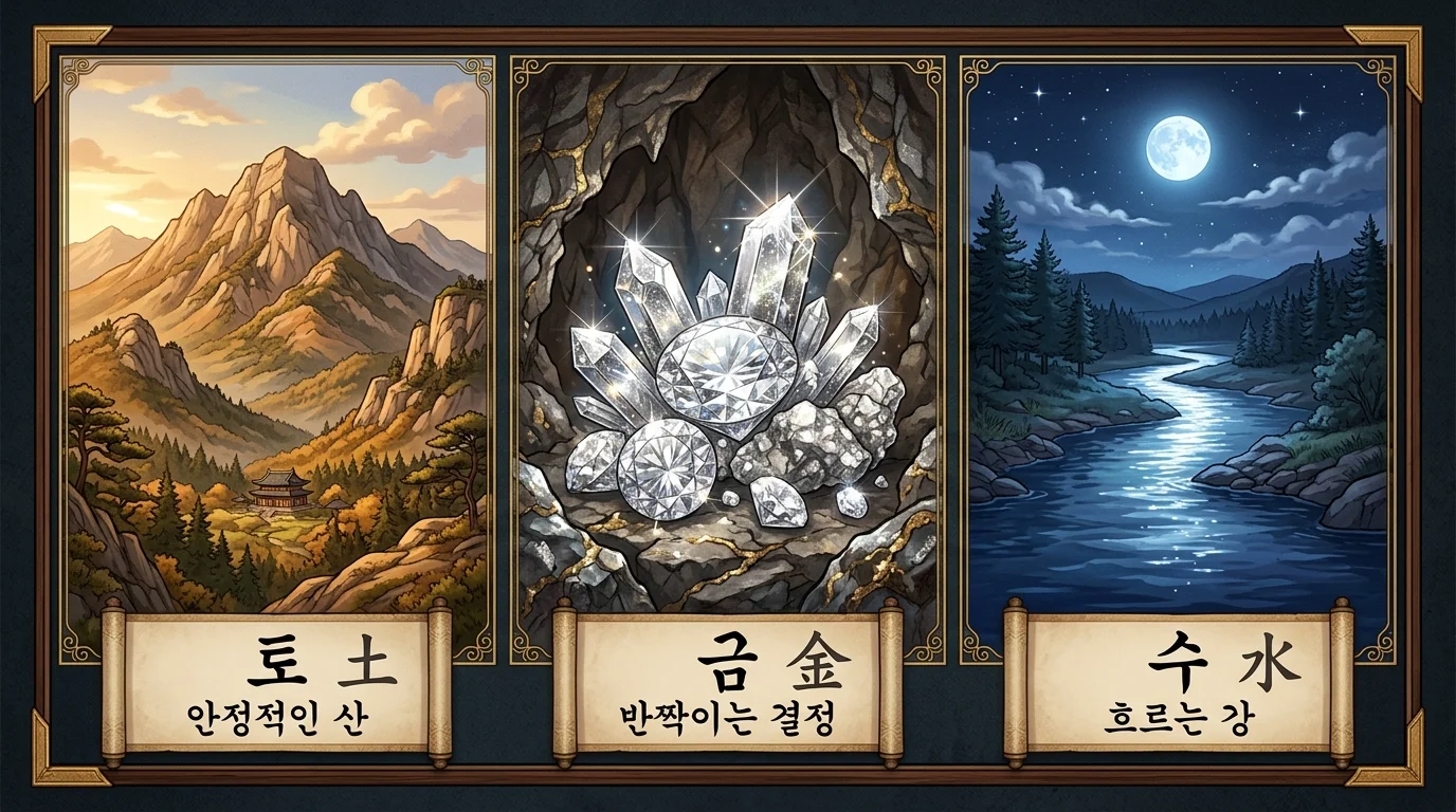 토(土)·금(金)·수(水) — 안정·결단·지혜의 세 에너지