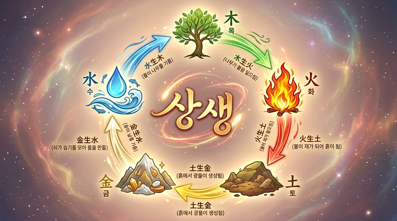 상생(相生) — 목→화→토→금→수→목의 순환 생성 관계