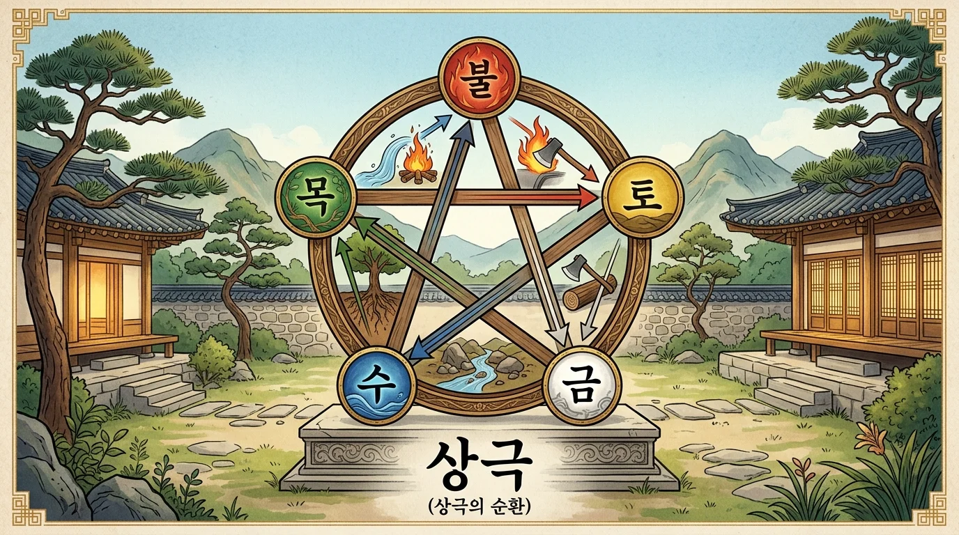 상극(相剋) — 목→토→수→화→금→목의 제어 관계와 균형의 의미