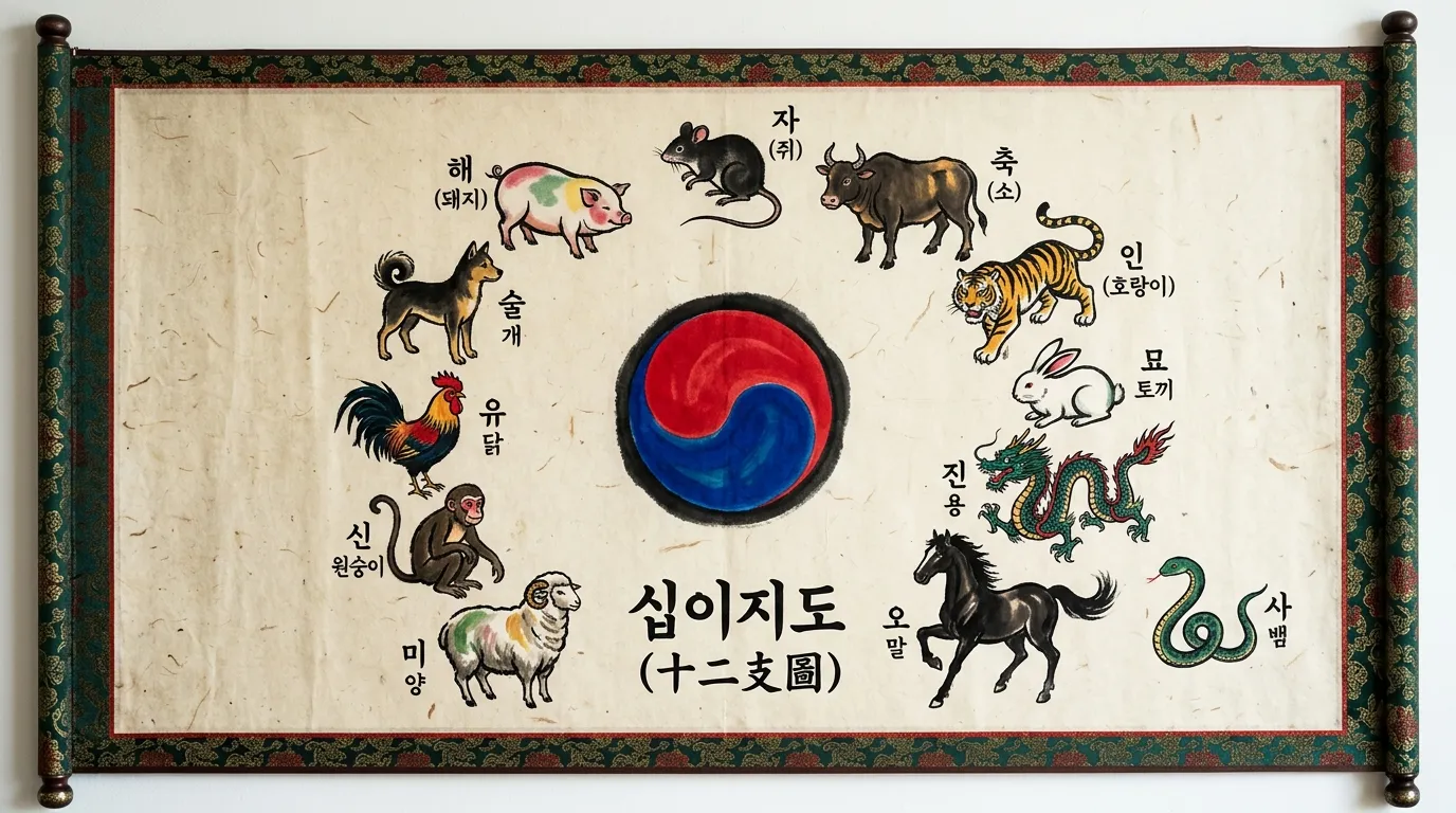십이지 12띠 동물이 원형으로 배치된 전통 수묵화