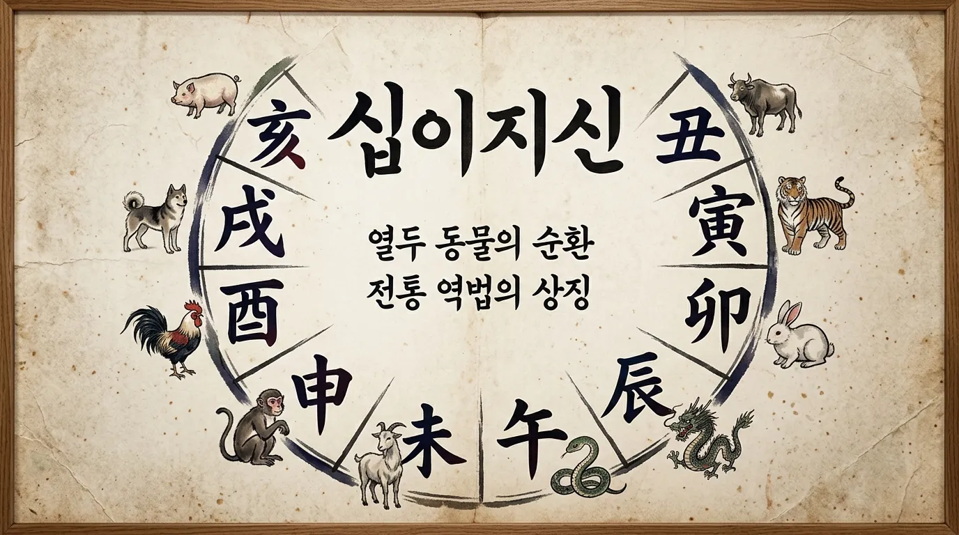 십이지 열두 글자가 원형으로 배열된 전통 서예 작품