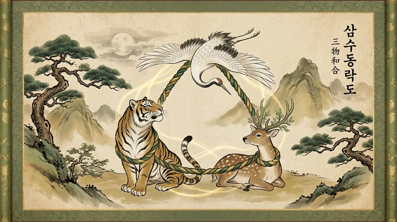 삼합 관계 — 세 동물이 삼각형으로 연결되어 조화를 이루다