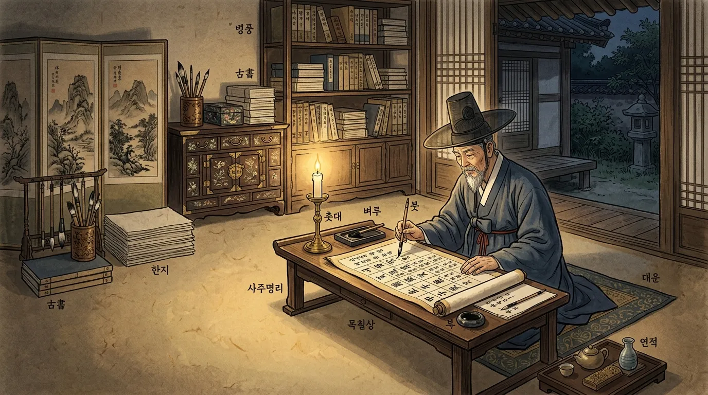 사주 명반 전체를 분석하는 명리학자의 모습