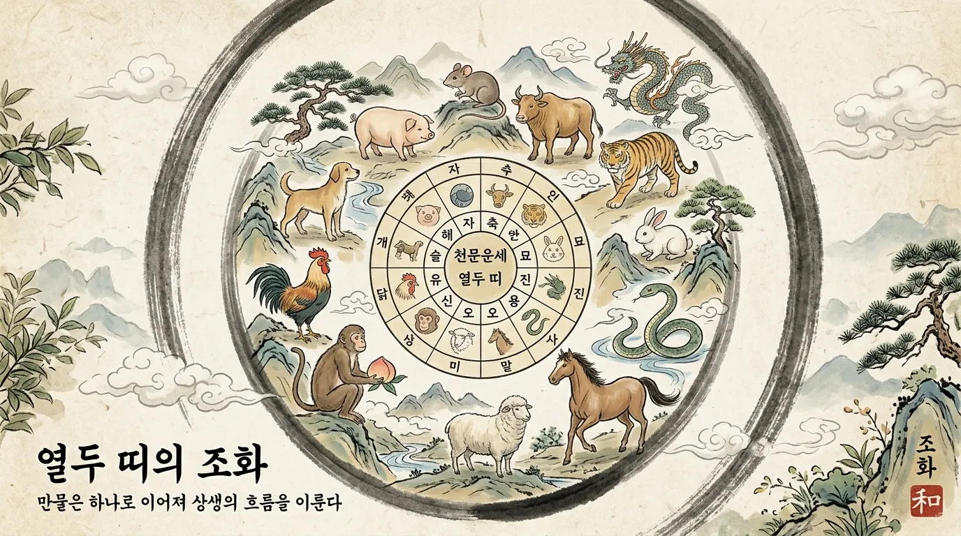 12띠 동물이 사주 명반 주위에 화합하며 모인 마무리 장면